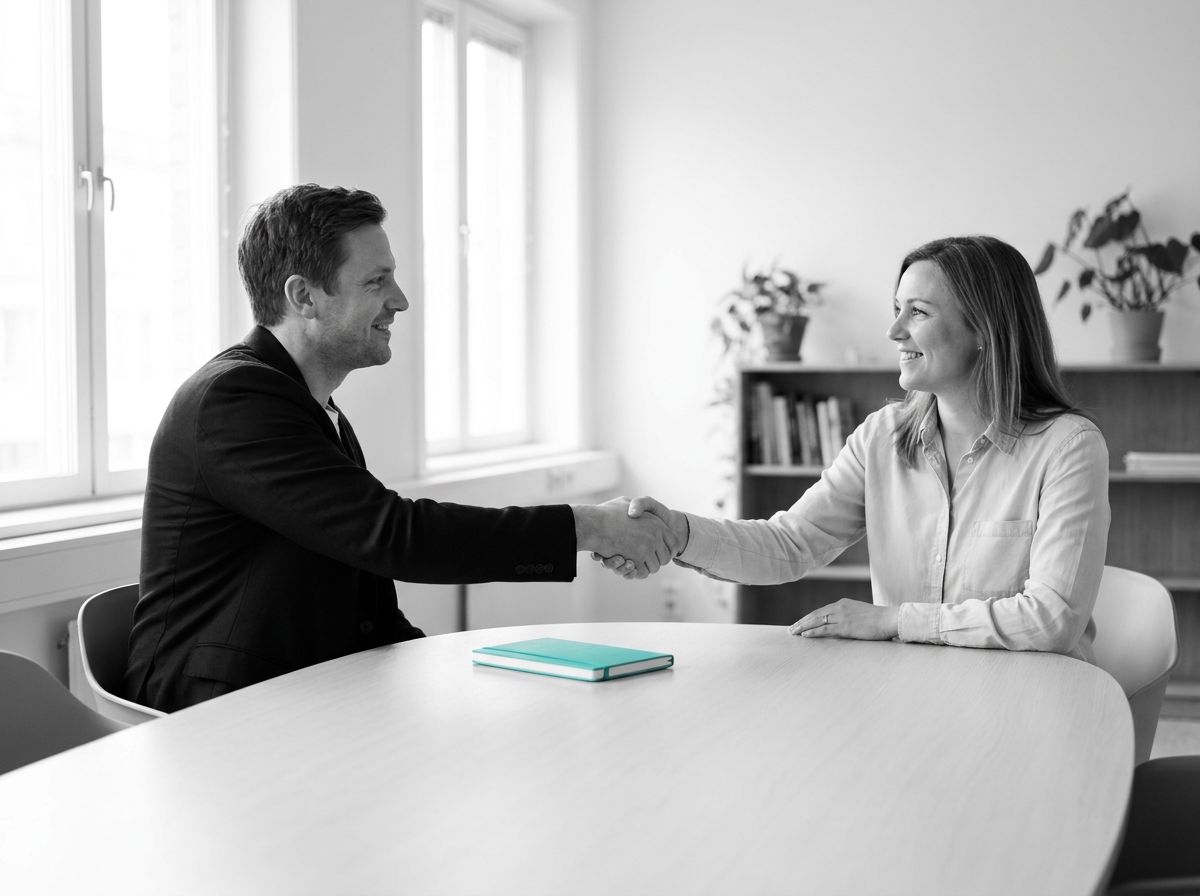 Two advisors shaking hands across a meeting table in a bright office.