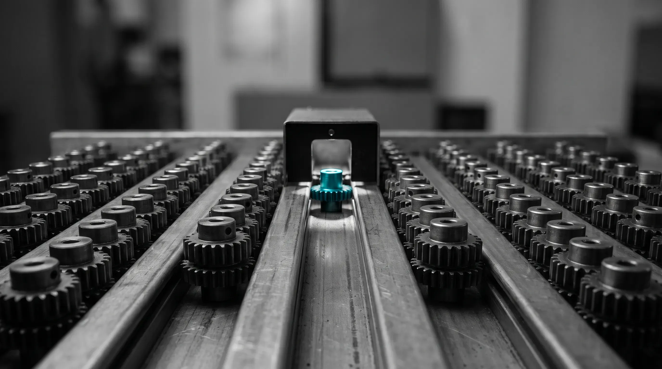 Rows of identical metal gears queued on parallel steel rails in muted monochrome, with a single turquoise gear passing through one narrow inspection gate.