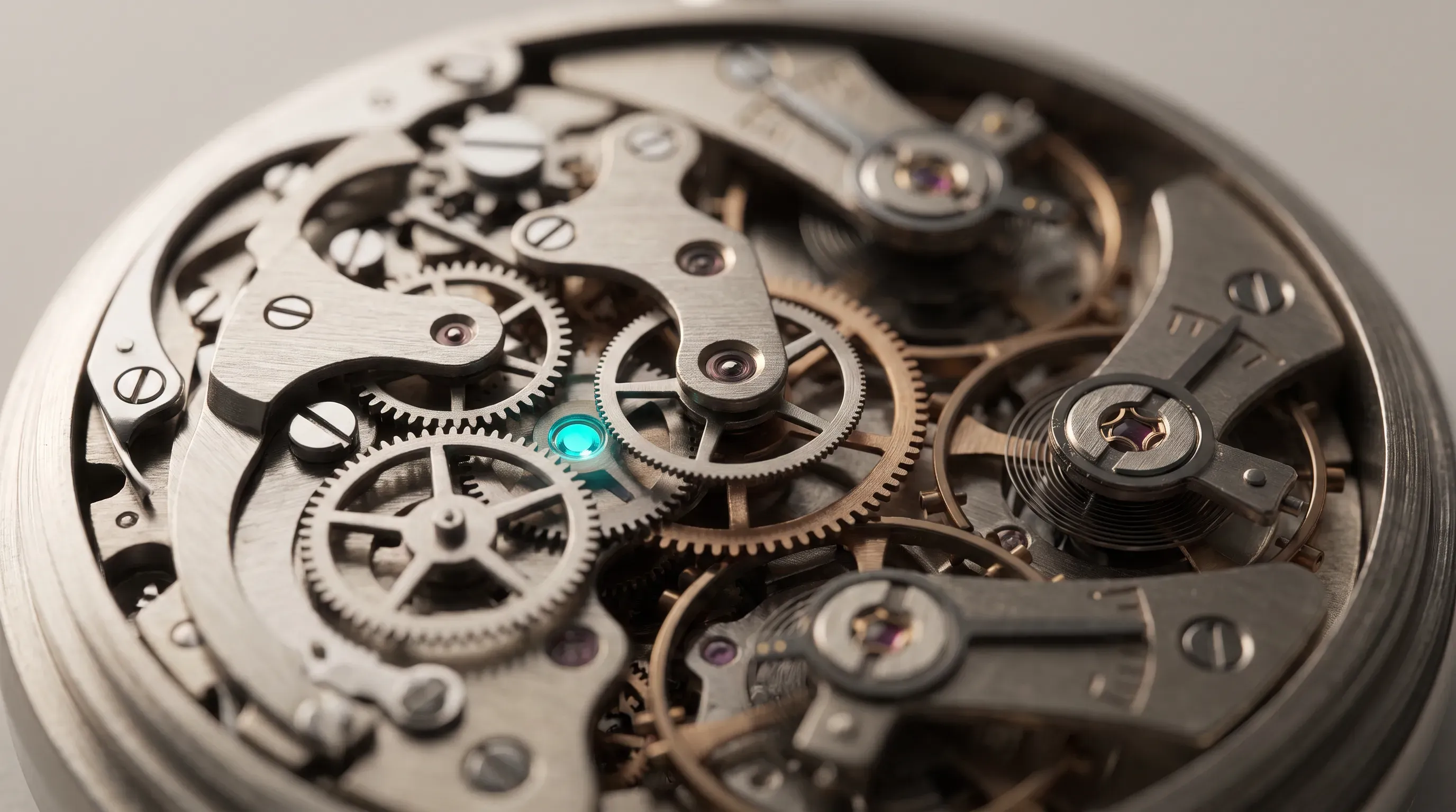 Extreme close-up of an exposed mechanical watch movement, dozens of tiny interlocking metal gears and springs, with one jewel bearing glowing turquoise.