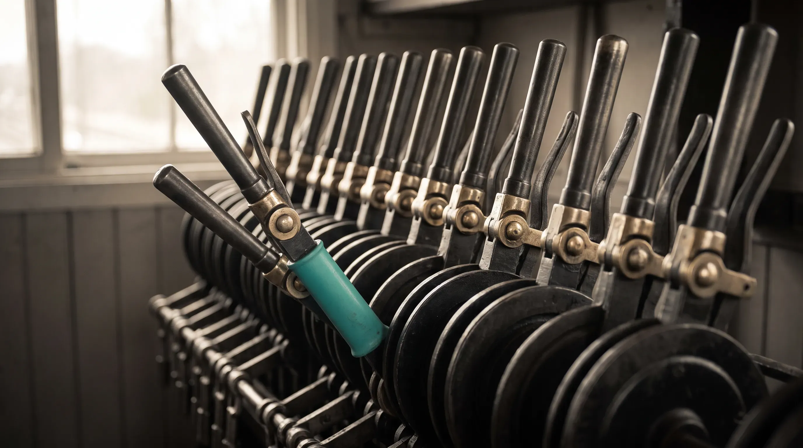 Close-up of a row of mechanical railway signal levers in muted monochrome, all standing upright and locked except one lever with a turquoise grip pulled forward.
