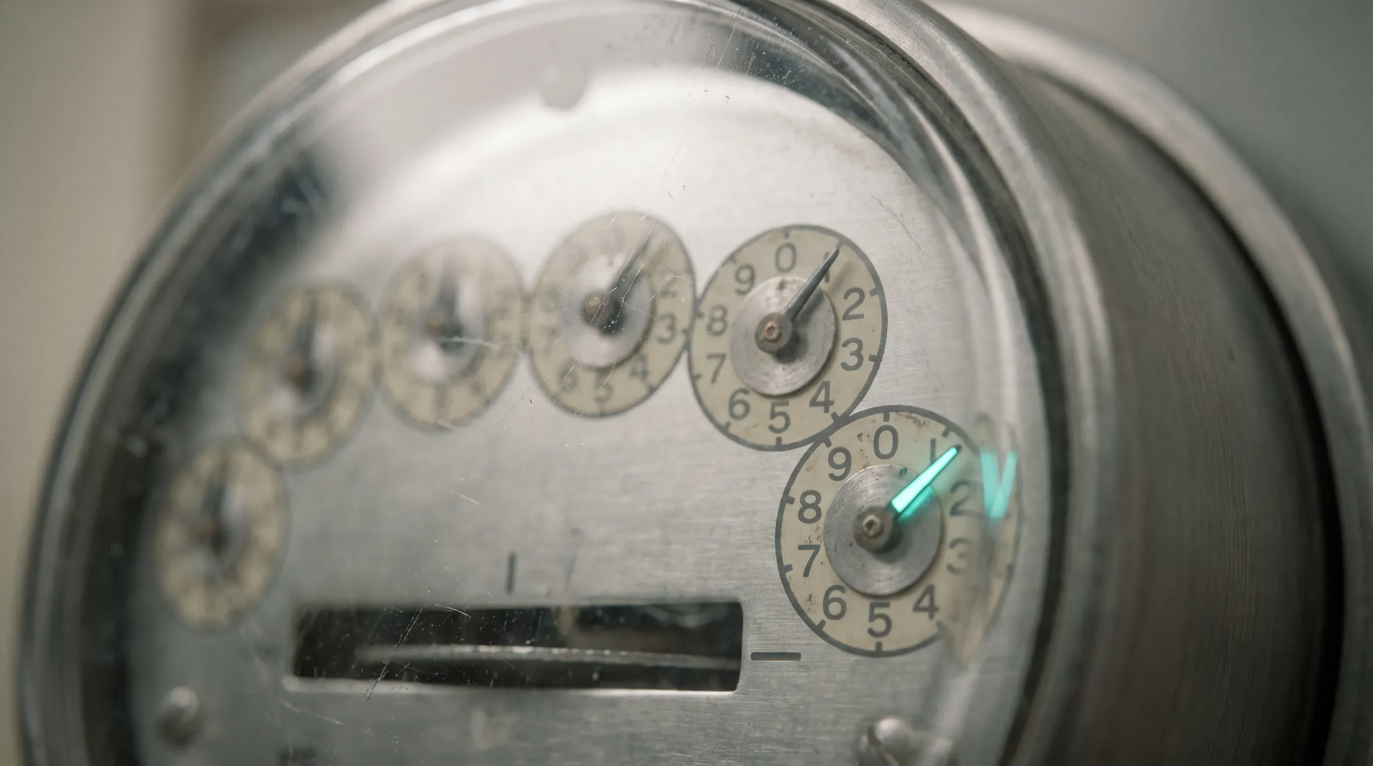Extreme close-up of an analog utility meter, its numbered dials mid-turn behind glass, with a single turquoise indicator needle resting just past a marked threshold.