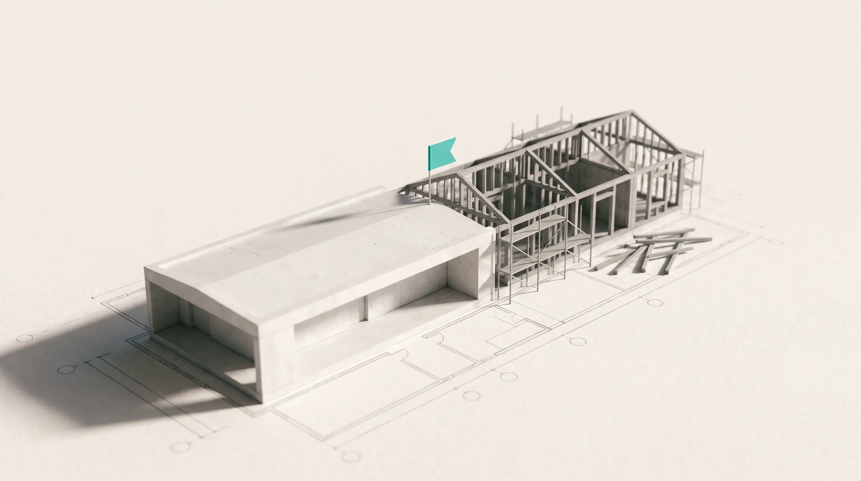 A white architectural scale model resting on its own blueprint: the near section fully built in matte concrete, the far section still bare structural framing with a few loose members, and a small turquoise flag planted where the finished build meets the unfinished frame.